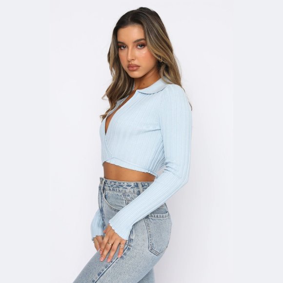 NWT WhiteFox Long Sleeve Crop Top - Baby Blue M/L - Picture 2 of 4